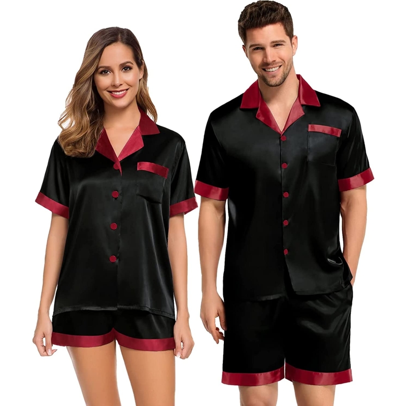 SWOMOG Couples Matching Pajama Set Silk Satin Short Sleeve Pjs Set Top and Shorts Sleepwear Soft Button-Down Loungewear